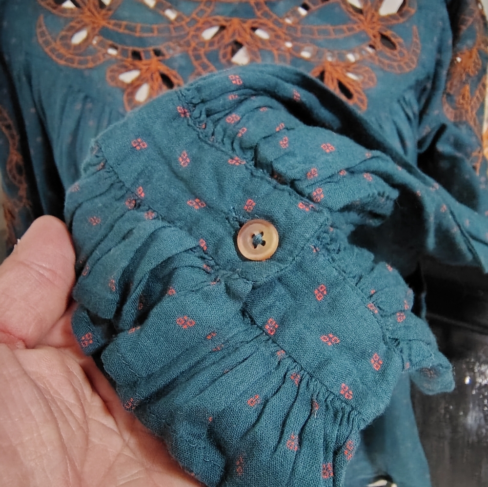 Free People Everything I Know Embroidered Cuteork Teal Peasant Top Women's XS - Picture 7 of 11
